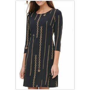 EUC Tommy Hilfiger Womens Black Gold Chain Print Knee Length Dress, size 12